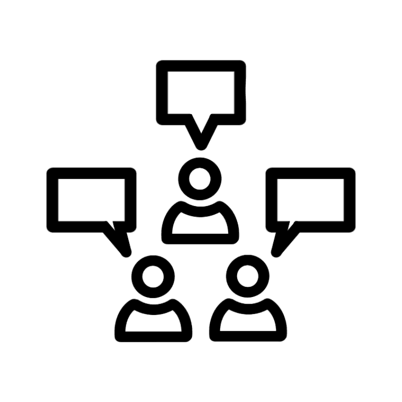 three people icons with text bubbles above them