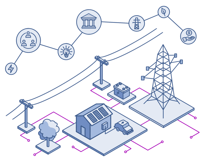 image depicting a neighborhood with a house and various structural components of the electrical industry