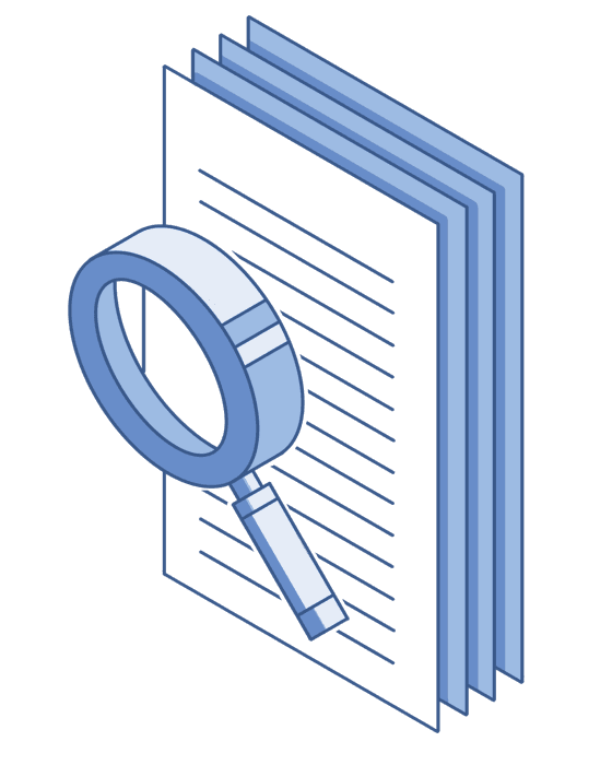 a magnifying glass over a stack of documents