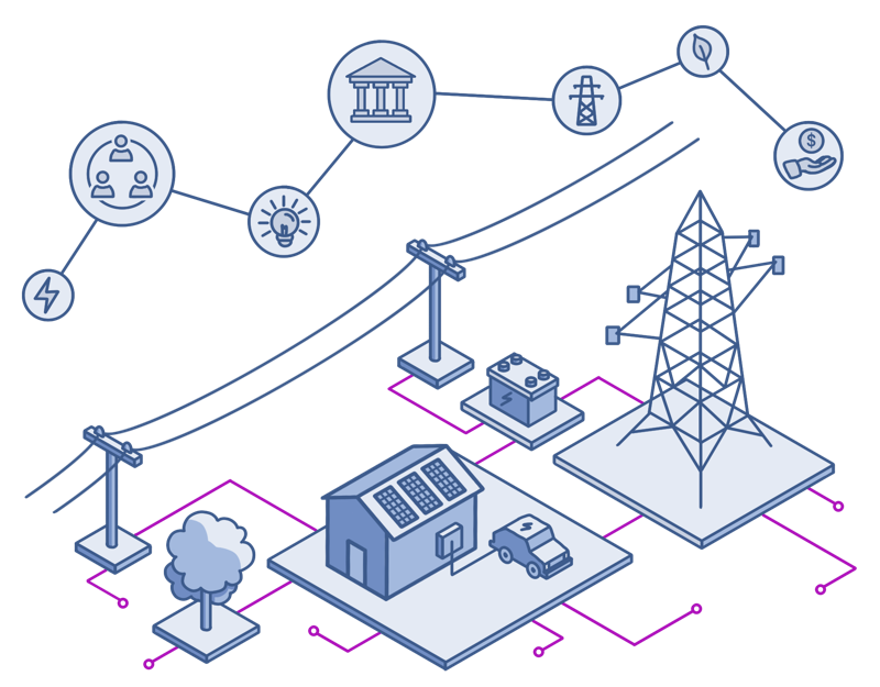 image depicting a neighborhood with a house and various structural components of the electrical industry