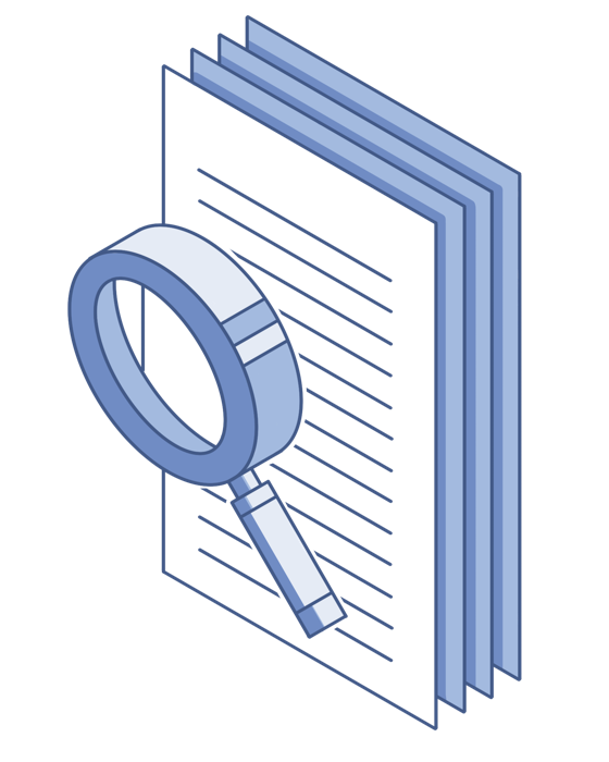 a magnifying glass over a stack of documents